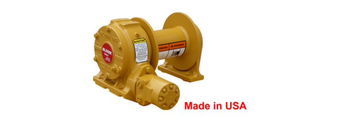 Bloom Manufacturing winch on white background with red text 'Made In USA' on it